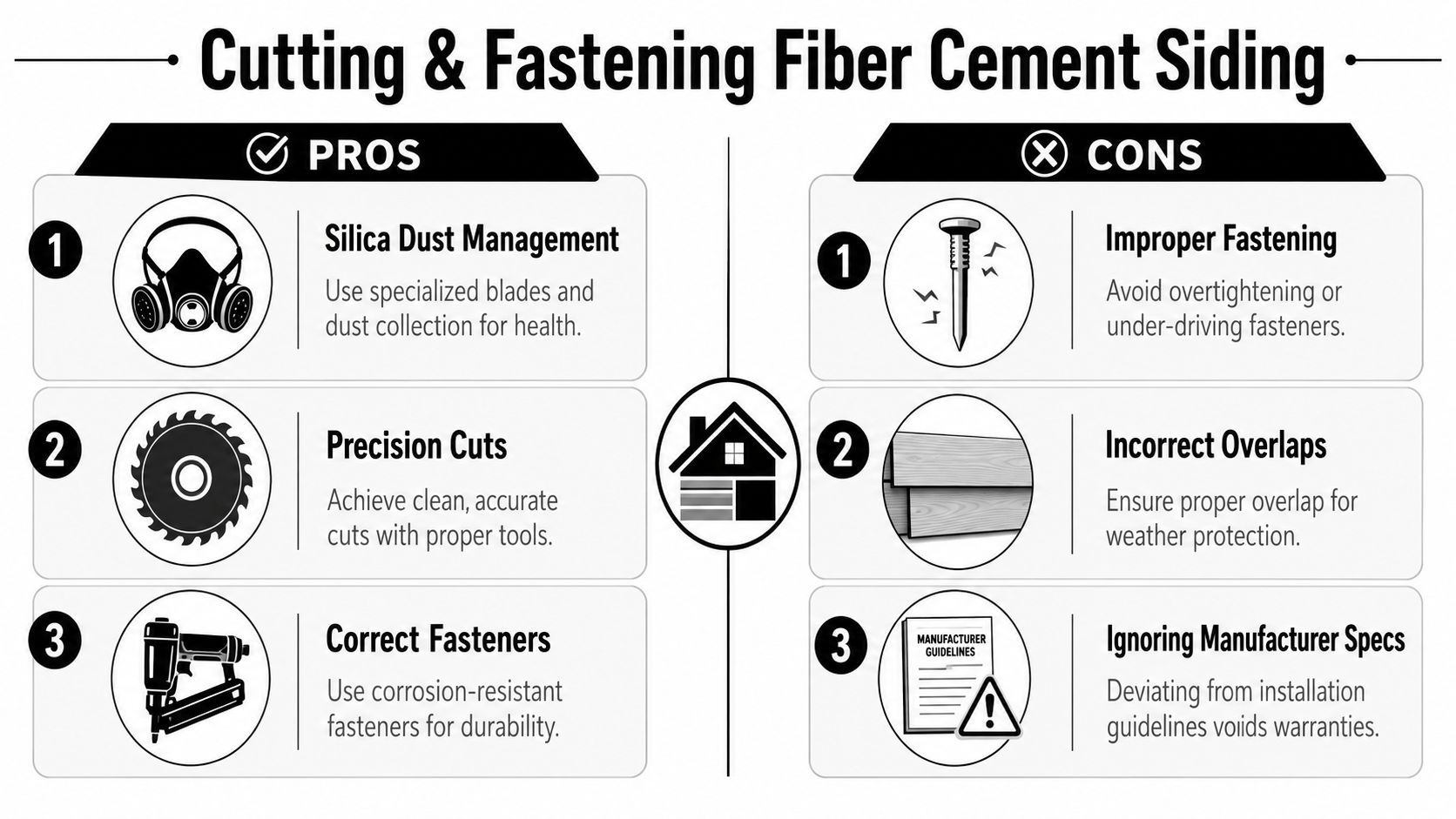 An infographic showing pros and cons for cutting and fastening fiber cement siding during installation.