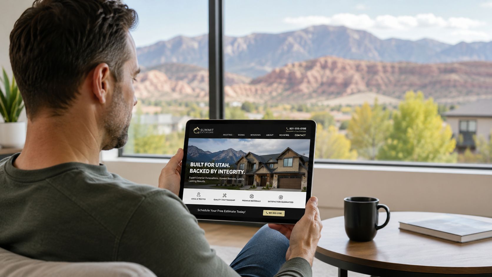 A man holds a tablet displaying a website for Summit Exteriors, professional home exterior renovation contractors in Utah.