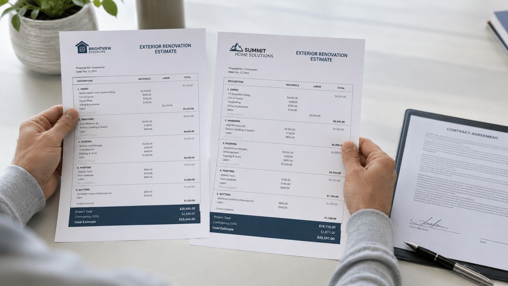 A person holds two different printed construction estimates for home exterior renovation work over a desk.