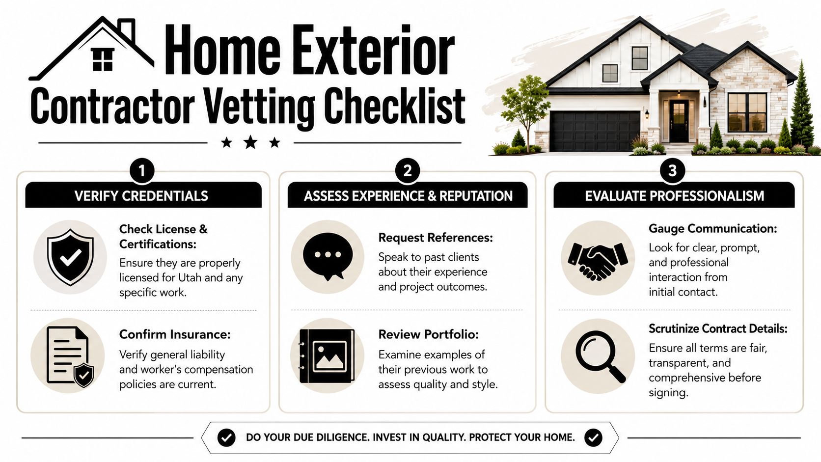 A professional checklist infographic guide for vetting and selecting reliable home exterior renovation contractors for your project.