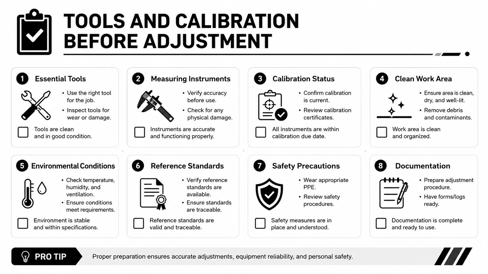 An infographic checklist for pre-adjustment preparation steps involving tools, calibration, safety, and work environment maintenance.