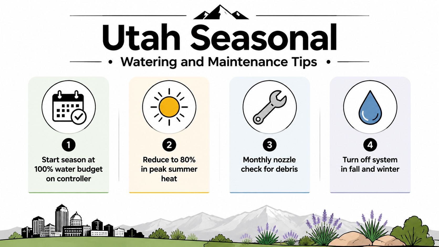 An infographic titled Utah Seasonal Watering and Maintenance Tips featuring four numbered steps for landscape irrigation management.