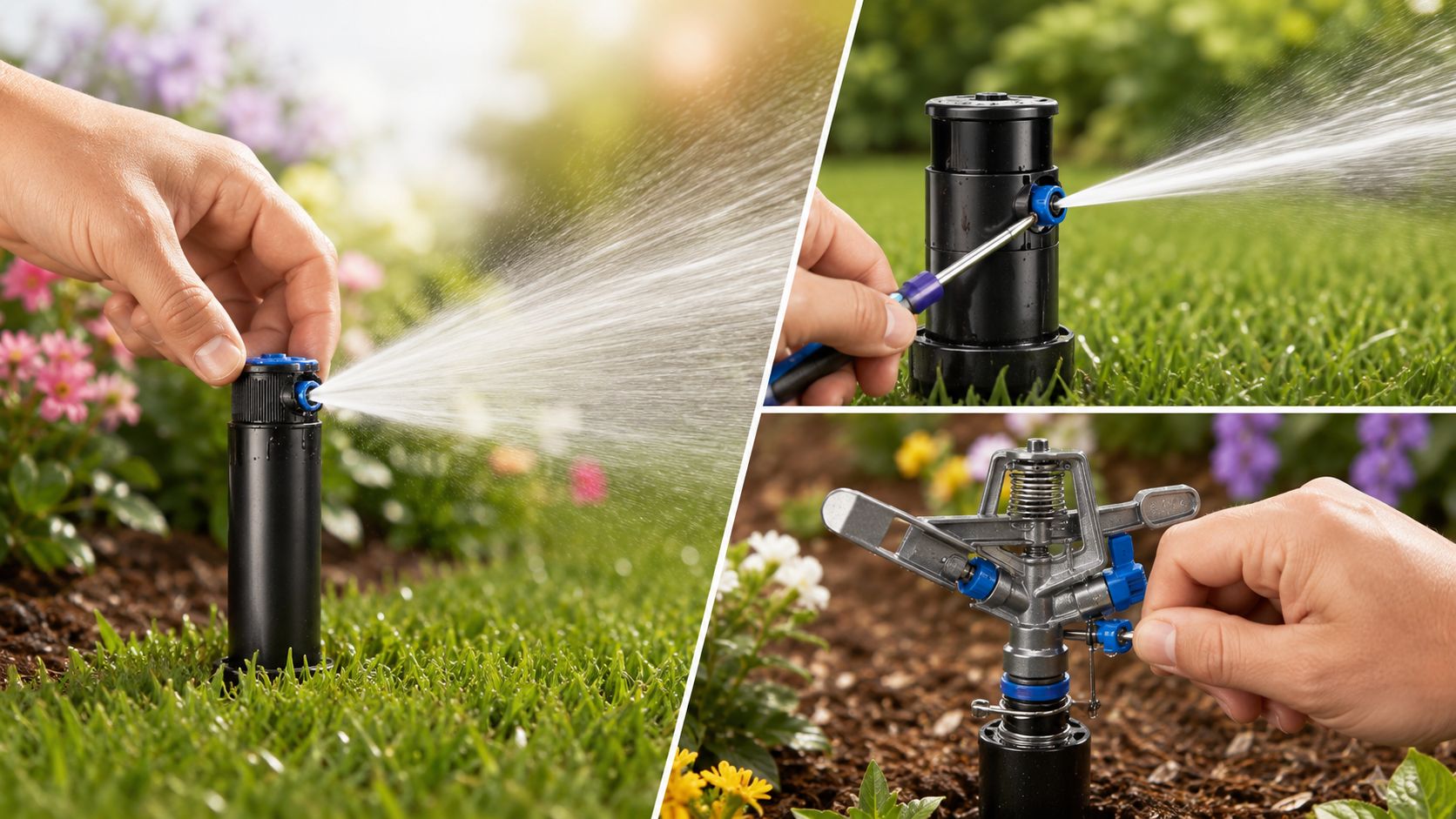 A split image showing hands adjusting the spray patterns of various residential lawn irrigation sprinklers in gardens.