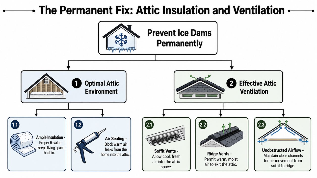 A diagram explaining how proper attic insulation and ventilation can help permanently prevent roof ice dams.