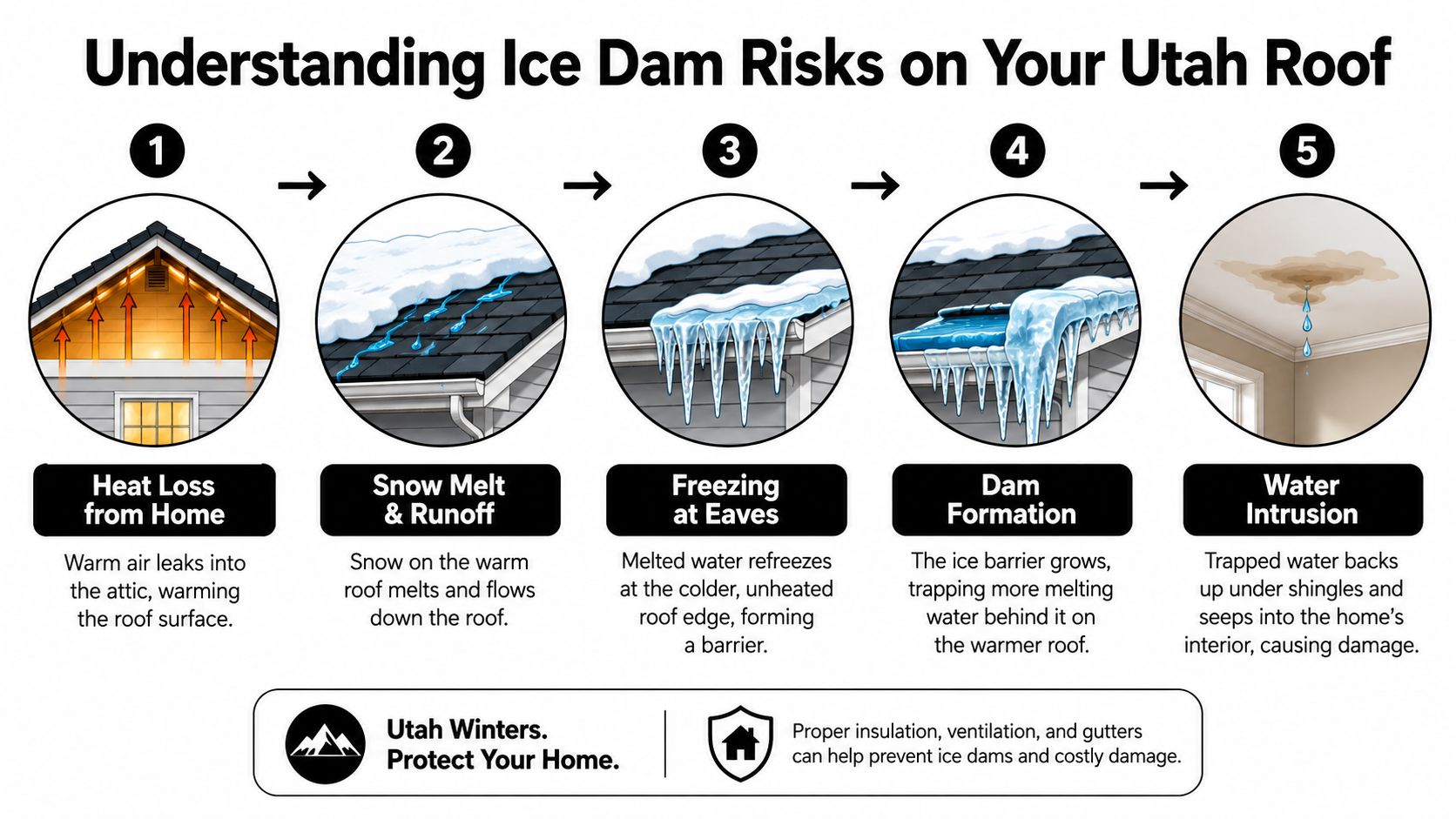 An infographic showing the five-step process of how ice dams form on a residential roof in Utah.
