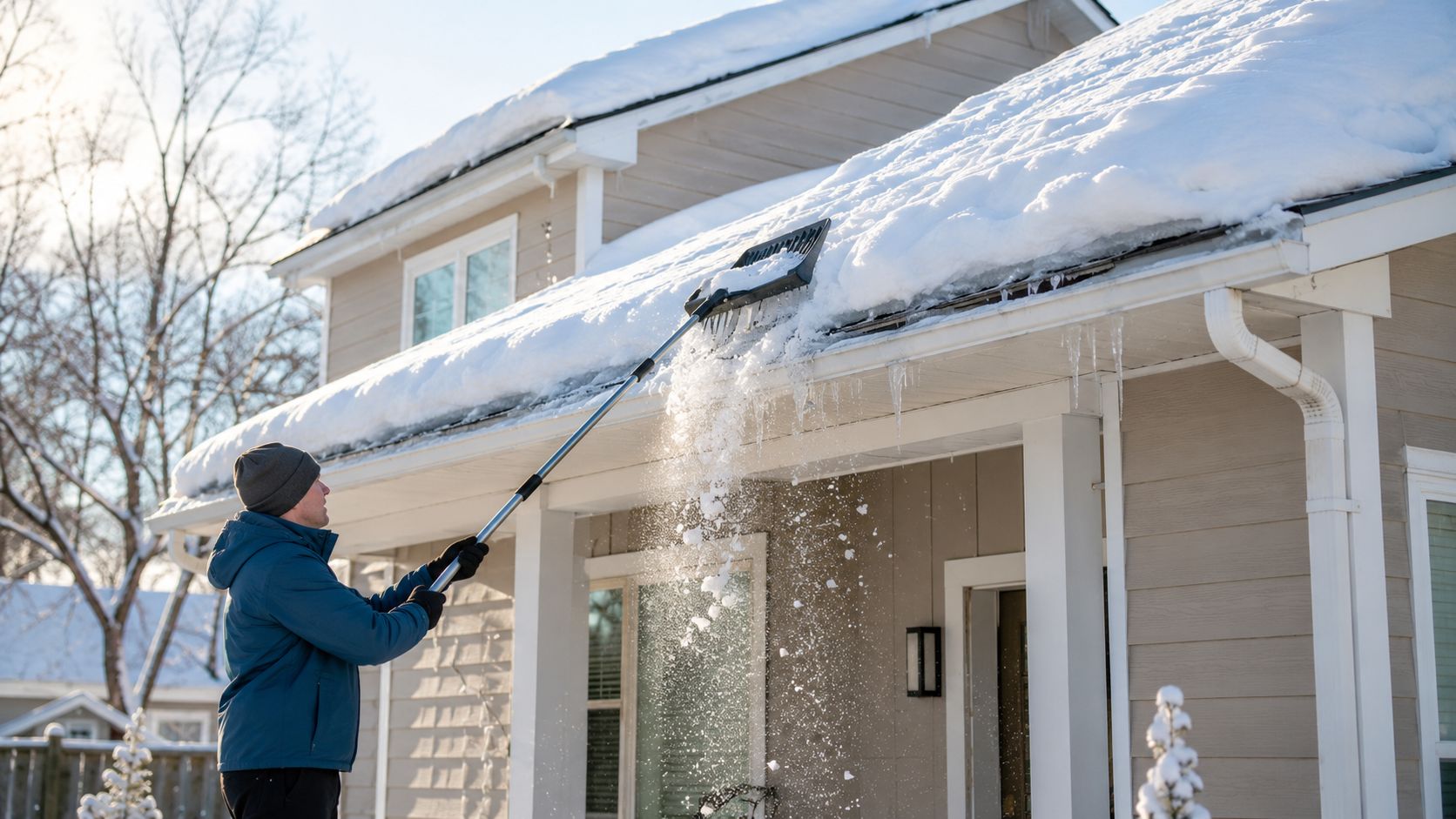 A person using a long-handled roof rake to remove heavy snow and ice from their home roof.