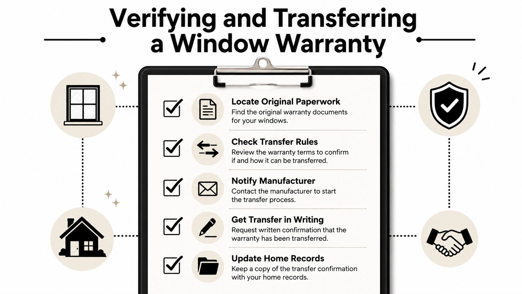 A checklist infographic illustrating the five essential steps for verifying and transferring a window warranty to new owners.