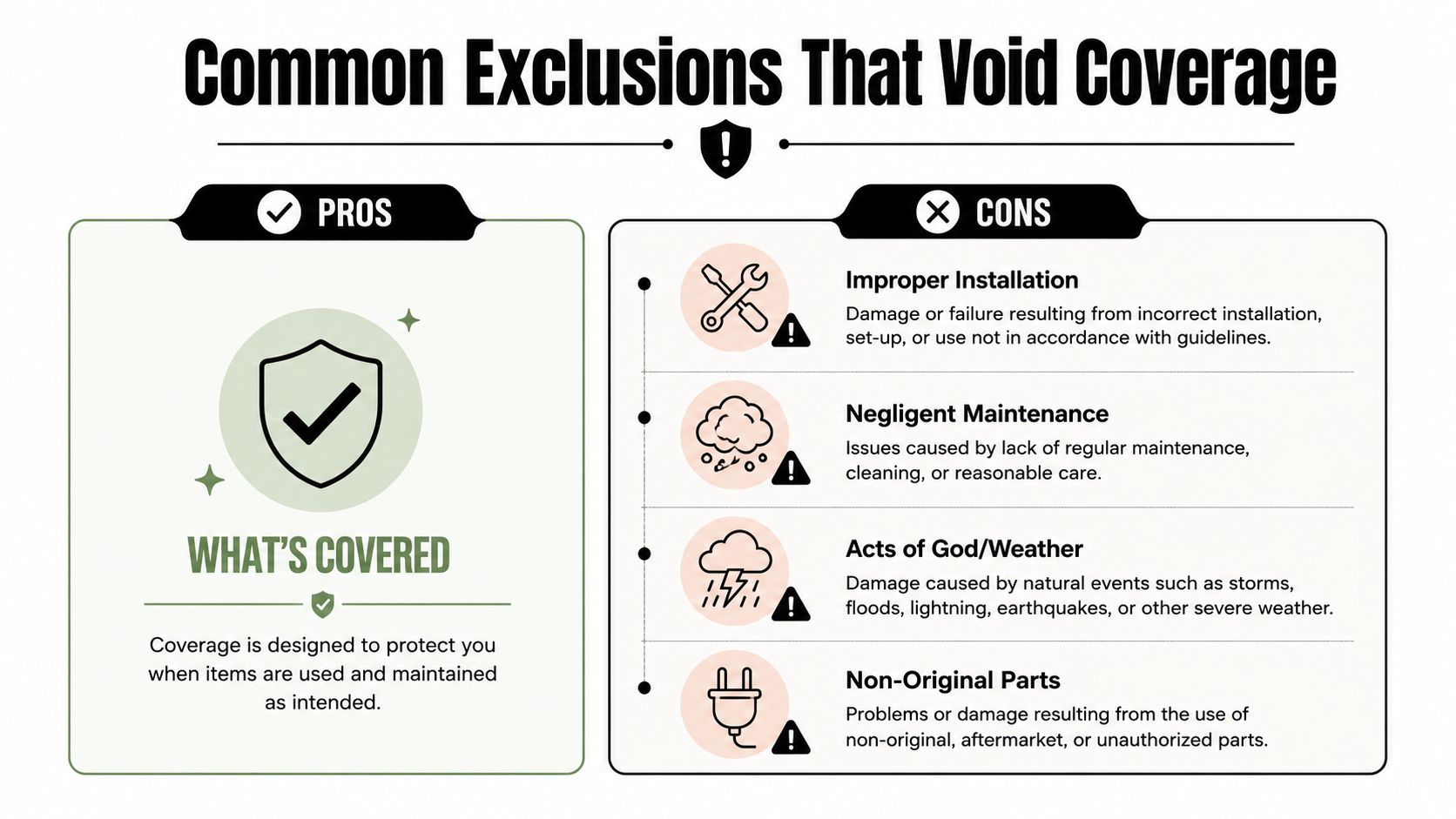 A graphic showing what is covered under a warranty versus common exclusions that void coverage.