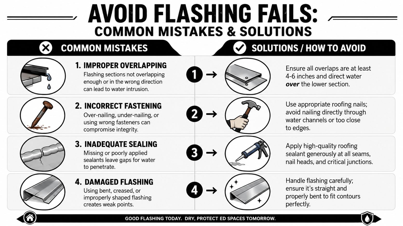 A guide illustrating common roof flashing installation mistakes and their corresponding professional solutions for homeowners and builders.