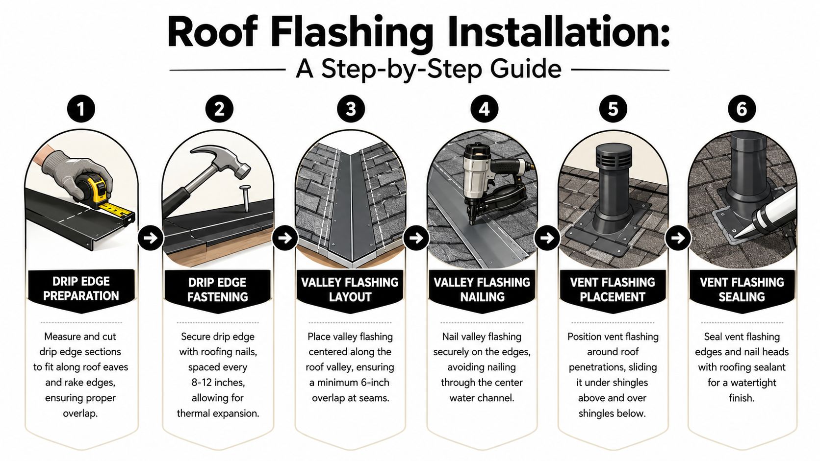 A six-step infographic illustrating the professional process for roof flashing installation on a residential building.