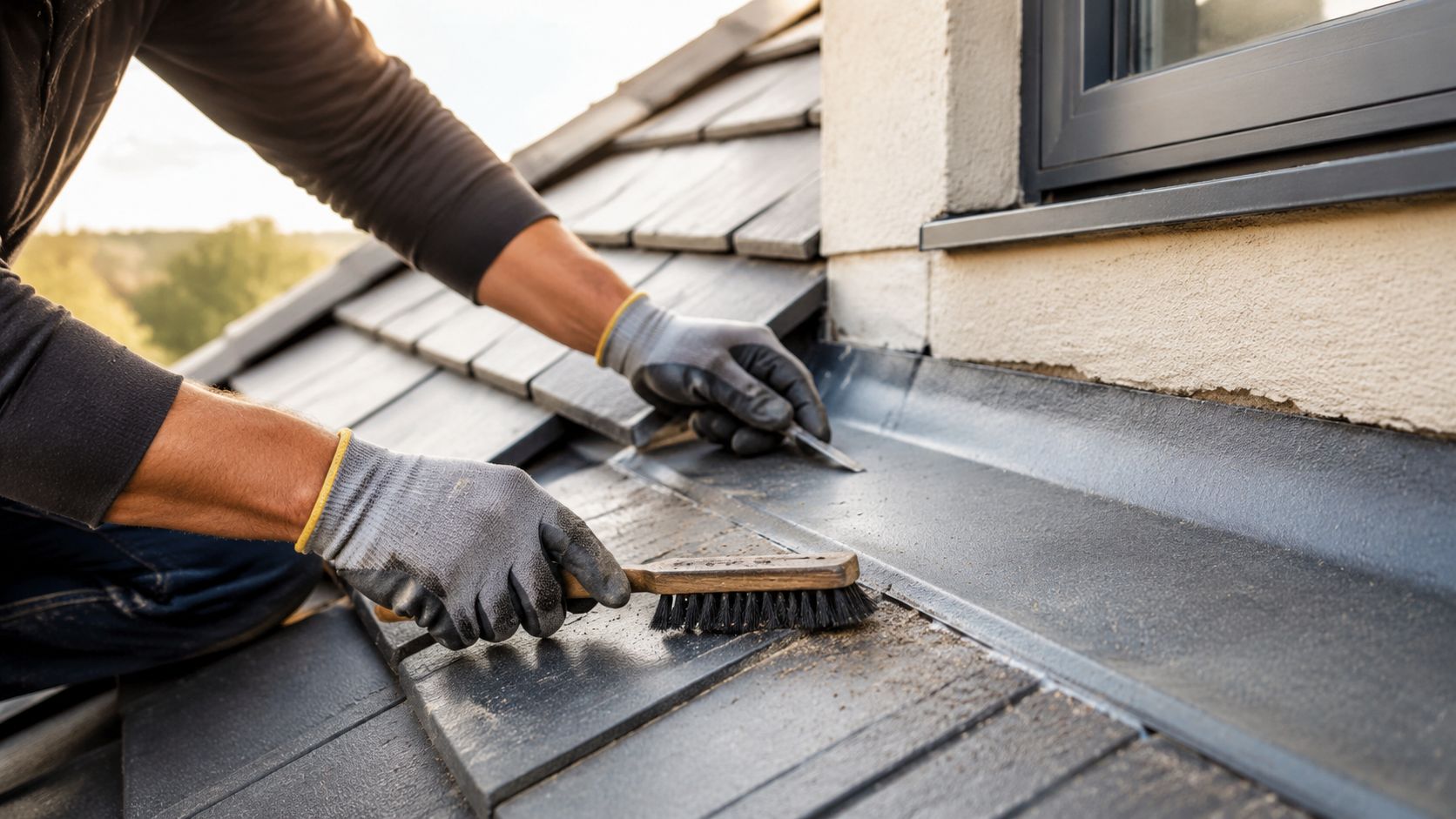 A professional construction worker cleaning and preparing a roof flashing joint for maintenance on a house roof.