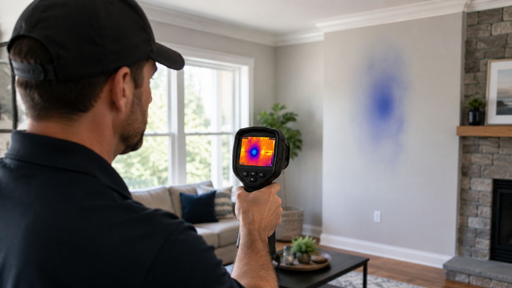 A professional technician uses a thermal imaging camera to detect moisture or insulation issues on a living room wall.