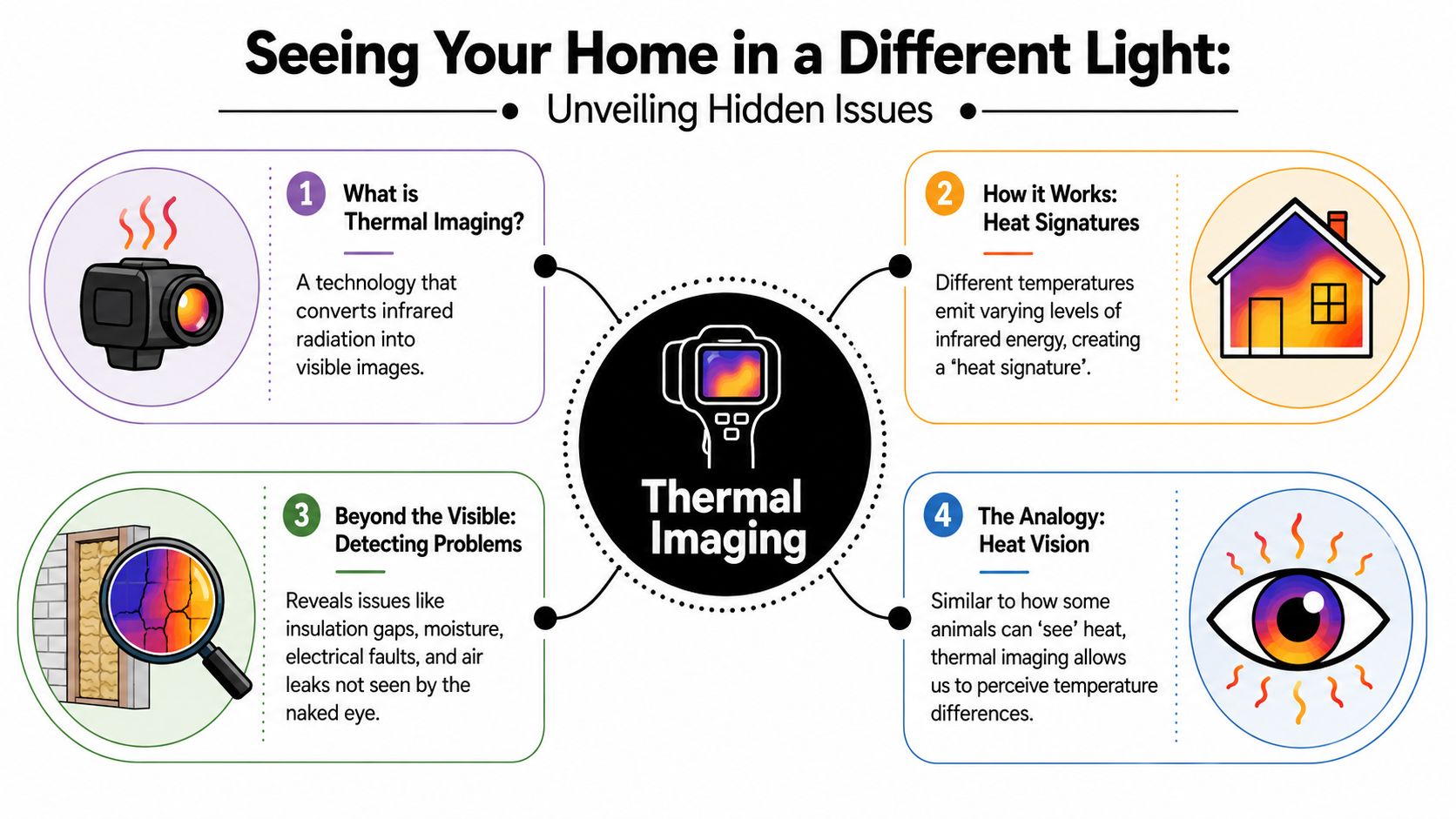 An infographic titled Seeing Your Home in a Different Light illustrating the basics of thermal imaging technology.