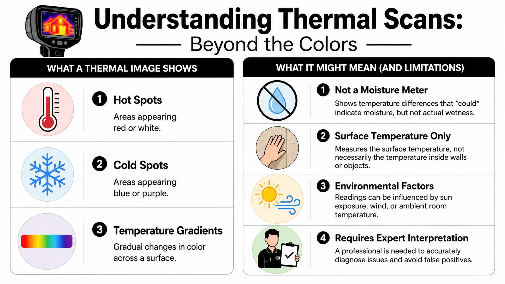 An infographic explaining thermal imaging for home inspections, covering what scans show and their interpretation limitations.