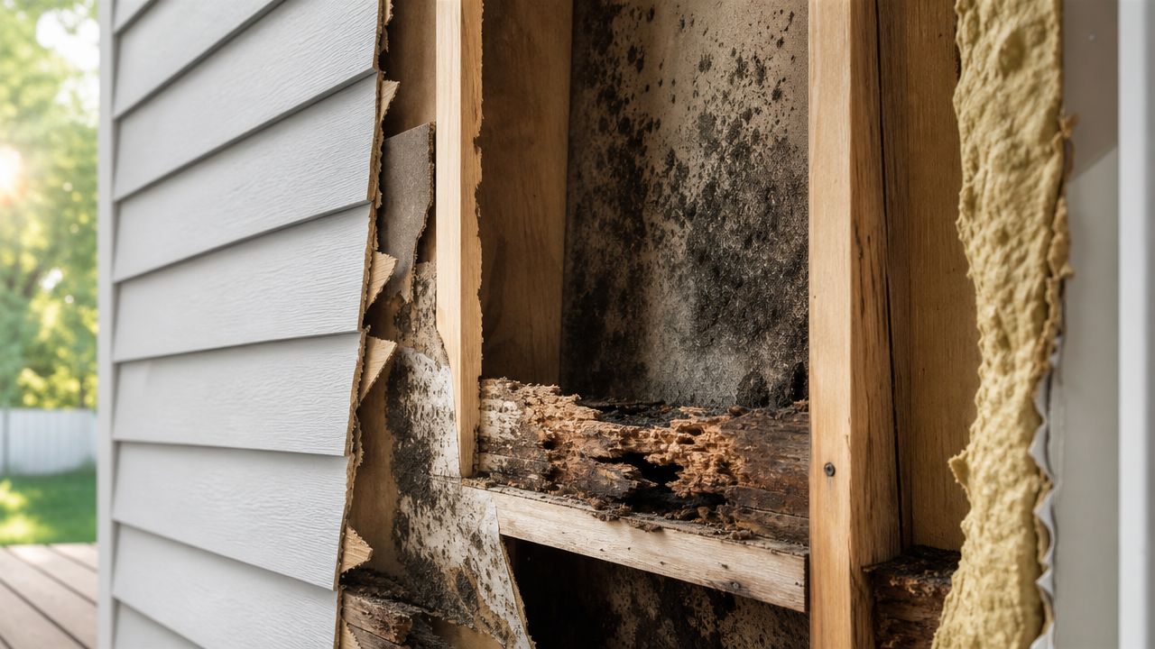 A section of exterior home siding removed to reveal damaged, moldy wall framing and decaying wood support.