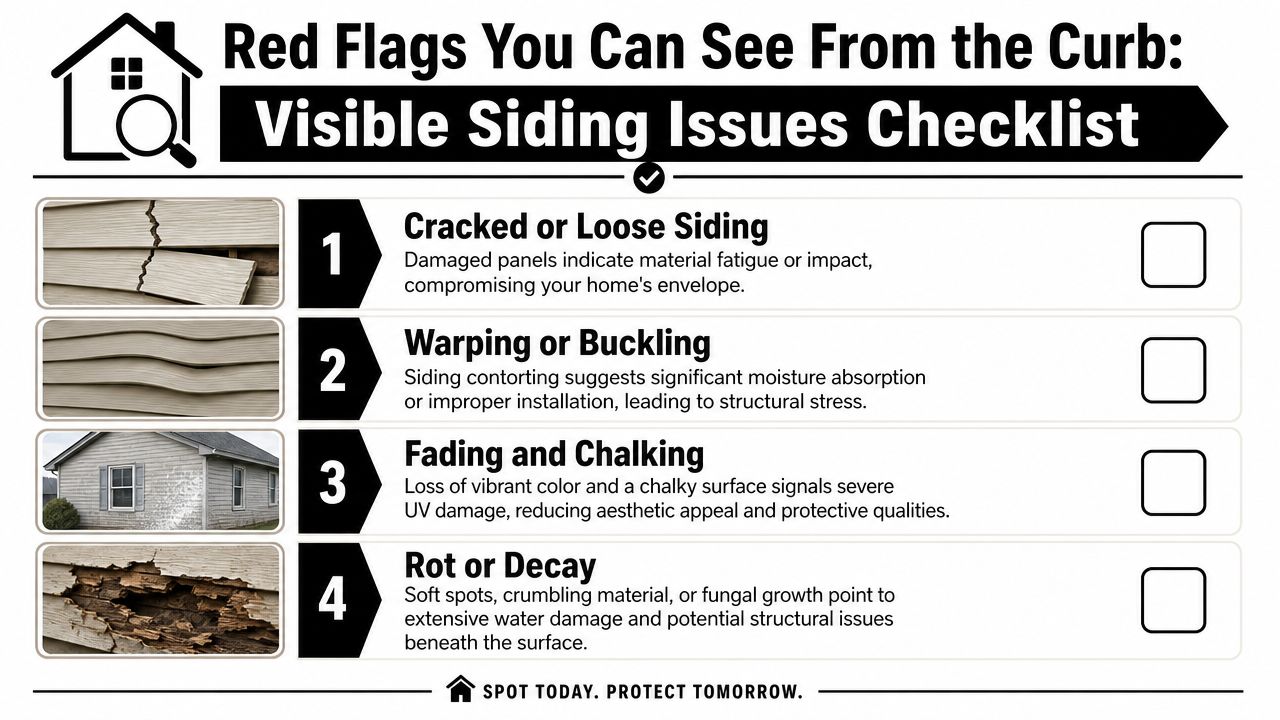 A checklist of four common exterior siding red flags including cracking, warping, fading, and rot to watch for.