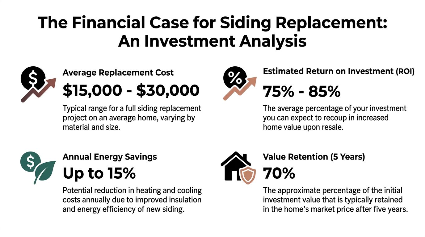 An infographic detailing the financial investment analysis for home siding replacement, including costs, ROI, and savings.