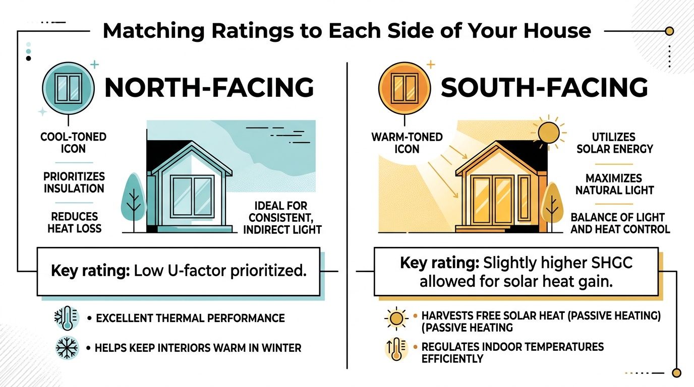 An infographic comparing window ratings for north-facing versus south-facing home walls to optimize thermal performance.