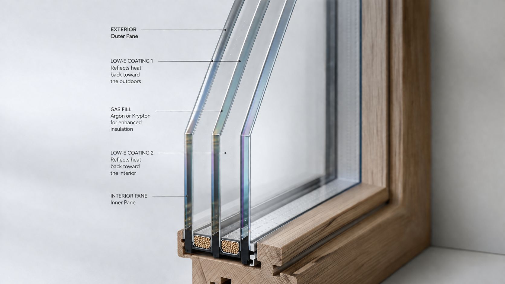 A cross-section diagram of a triple-pane window highlighting its insulated glass unit components and frame materials.