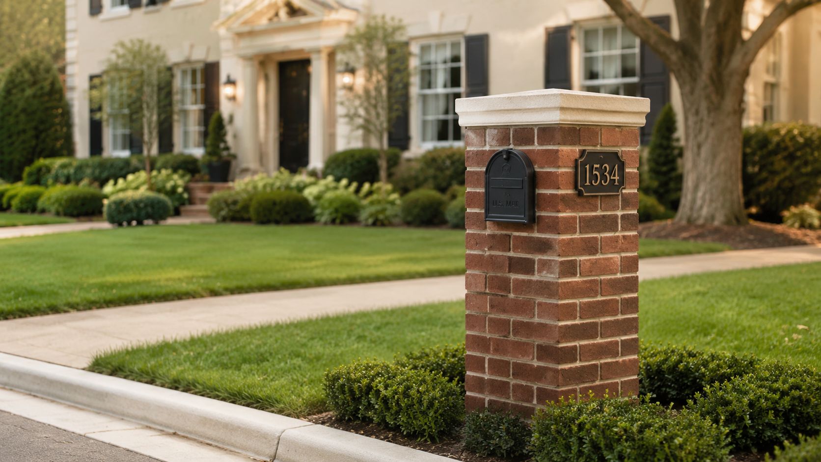 A classic brick mailbox stand with the house number 1534 in front of a landscaped suburban home.