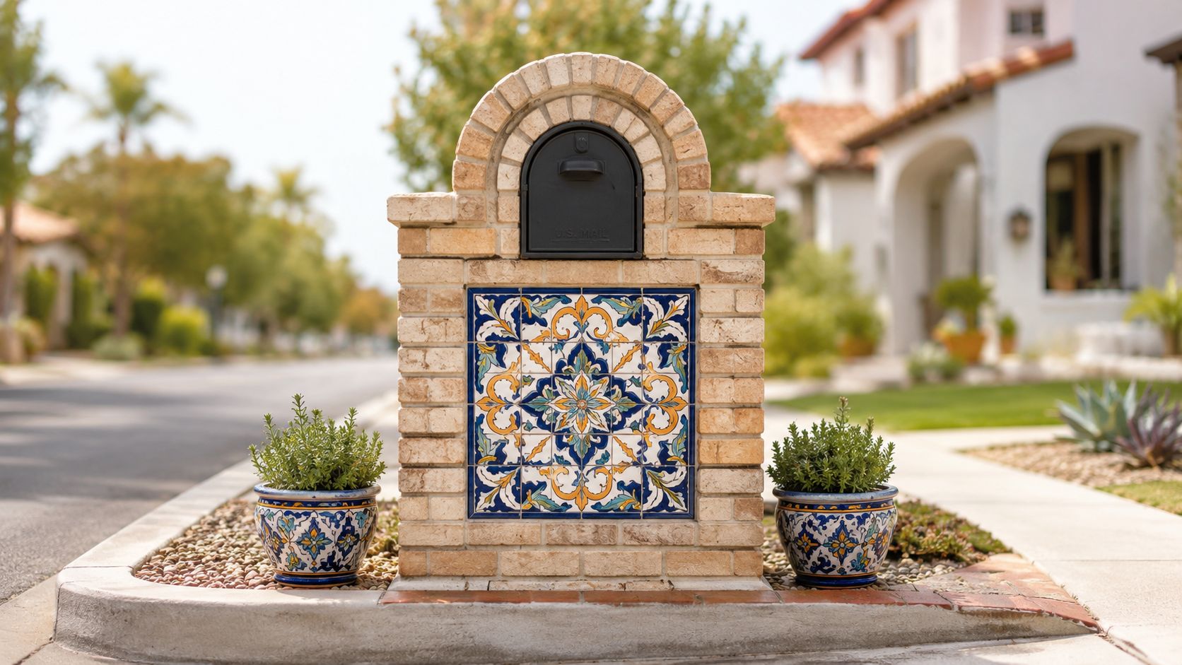 An elegant brick mailbox structure with decorative Spanish-style tiles in a sunlit residential neighborhood.