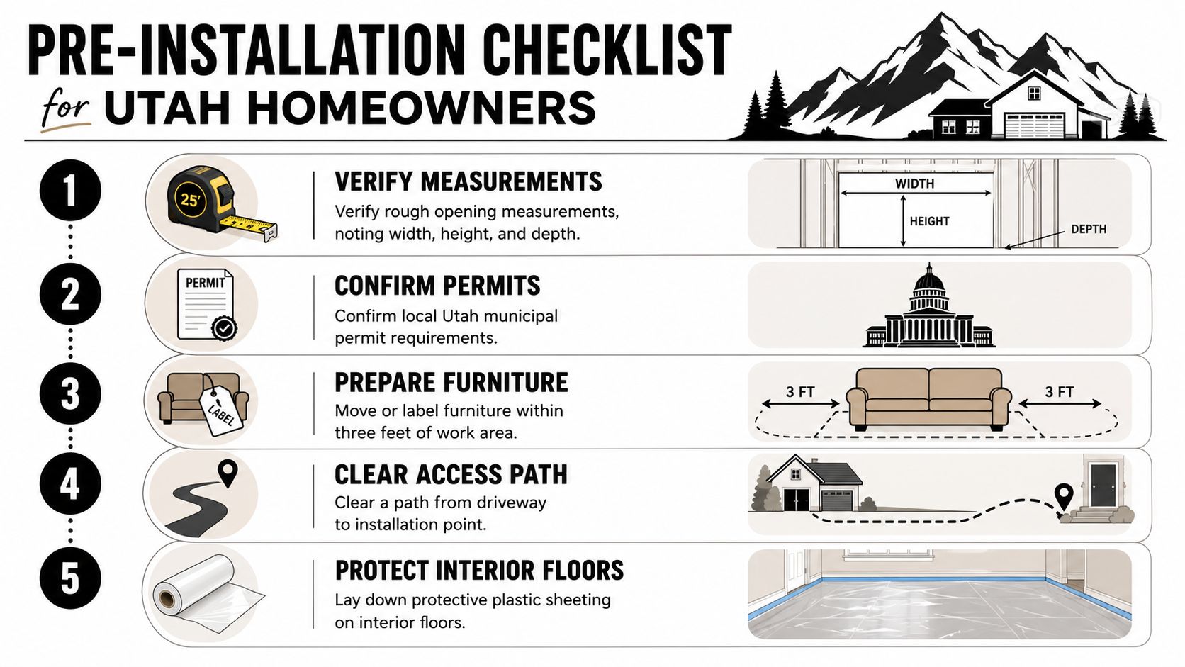 A five-step pre-installation checklist infographic for Utah homeowners to prepare their property for home improvement projects.