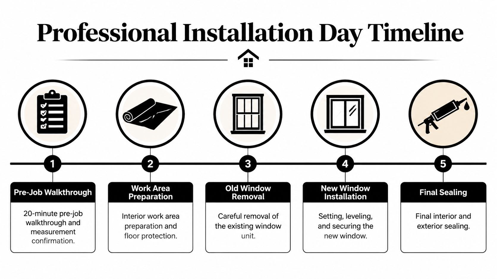 A five-step professional window installation day timeline infographic illustrating the process from walkthrough to final sealing.