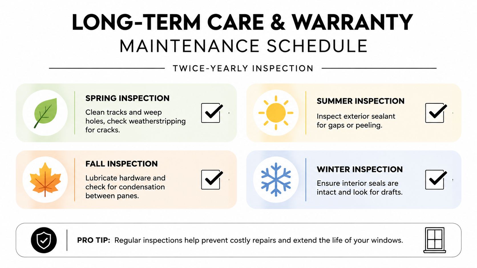 A maintenance schedule graphic for windows outlining seasonal inspection tasks for spring, summer, fall, and winter.