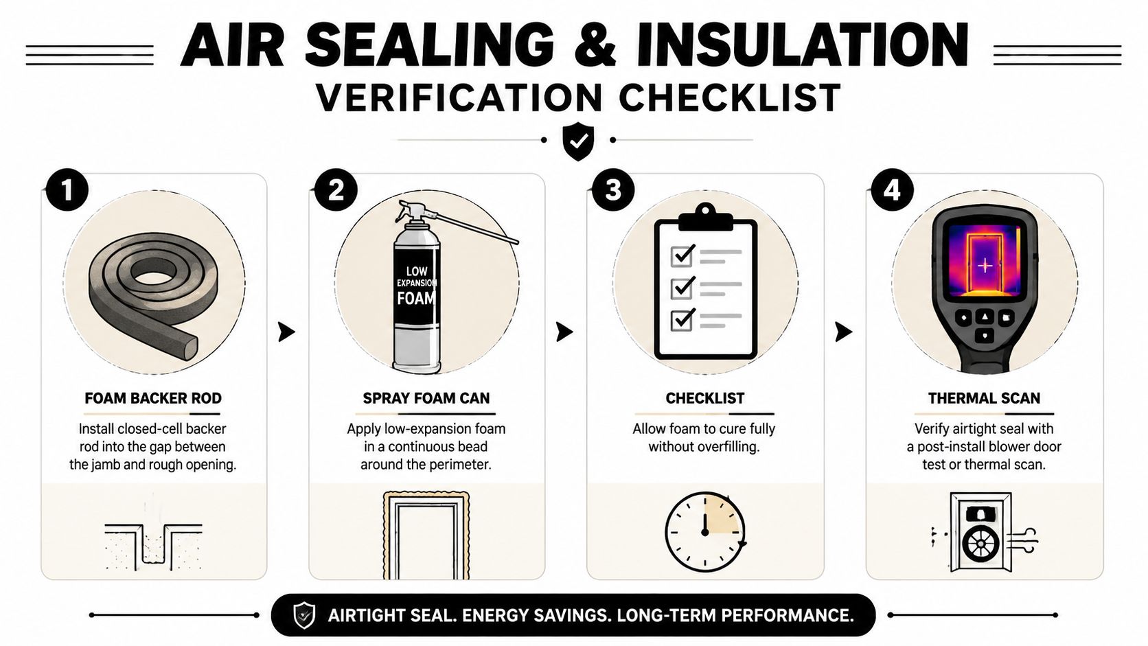 A four-step infographic illustrating the professional process for air sealing and insulating a window frame.