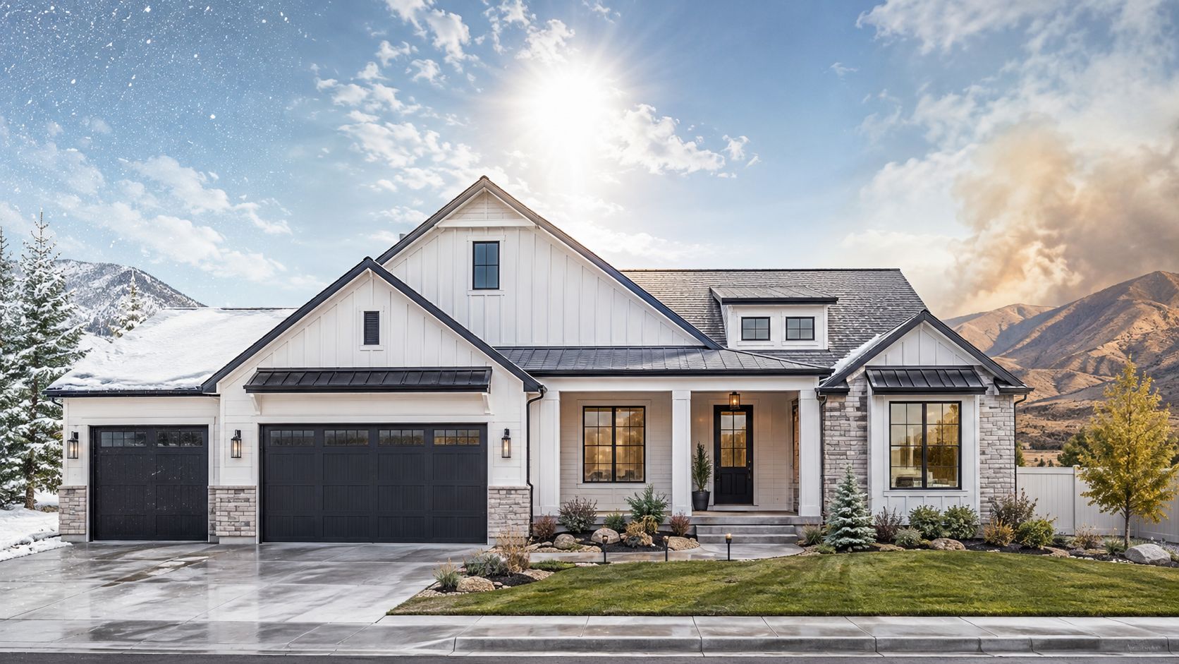 A modern farmhouse with white fiber cement siding and stone veneer exterior on a sunny day.