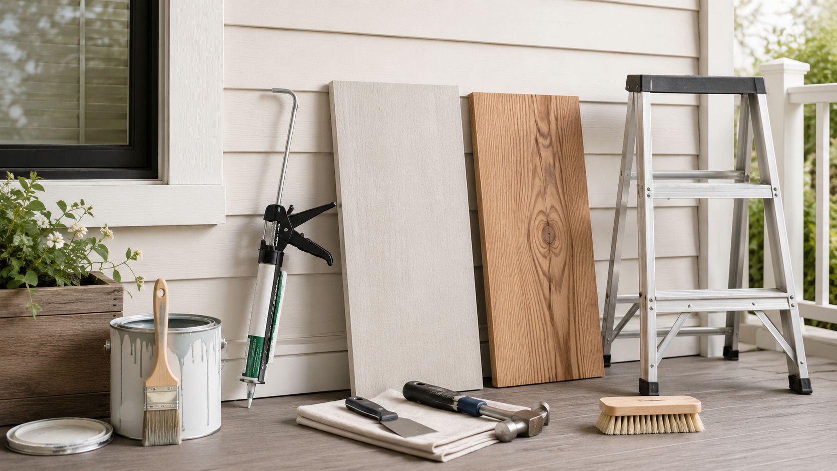 A construction scene featuring fiber cement board and natural wood planks alongside renovation tools on a porch.