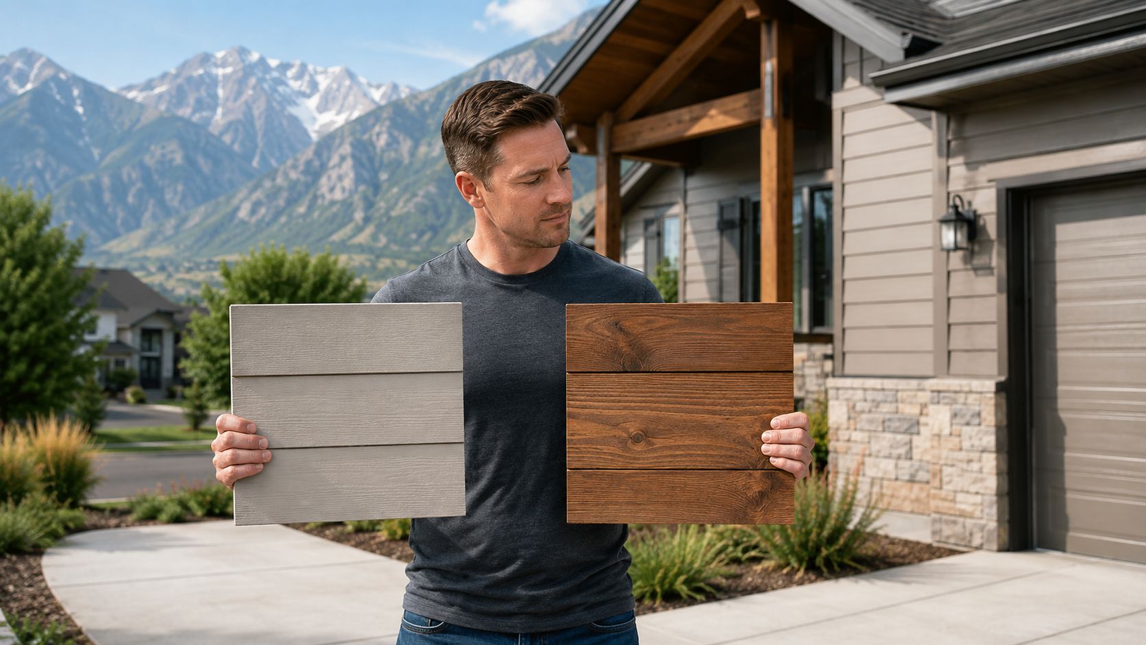 A man comparing light-colored fiber cement siding panels with natural dark wood planks in front of a house.