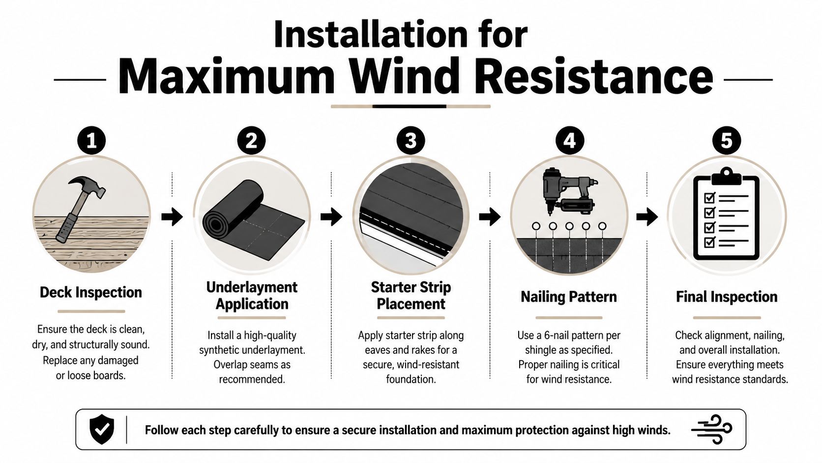 A five-step infographic showing the proper installation process for roofing shingles to ensure maximum wind resistance.