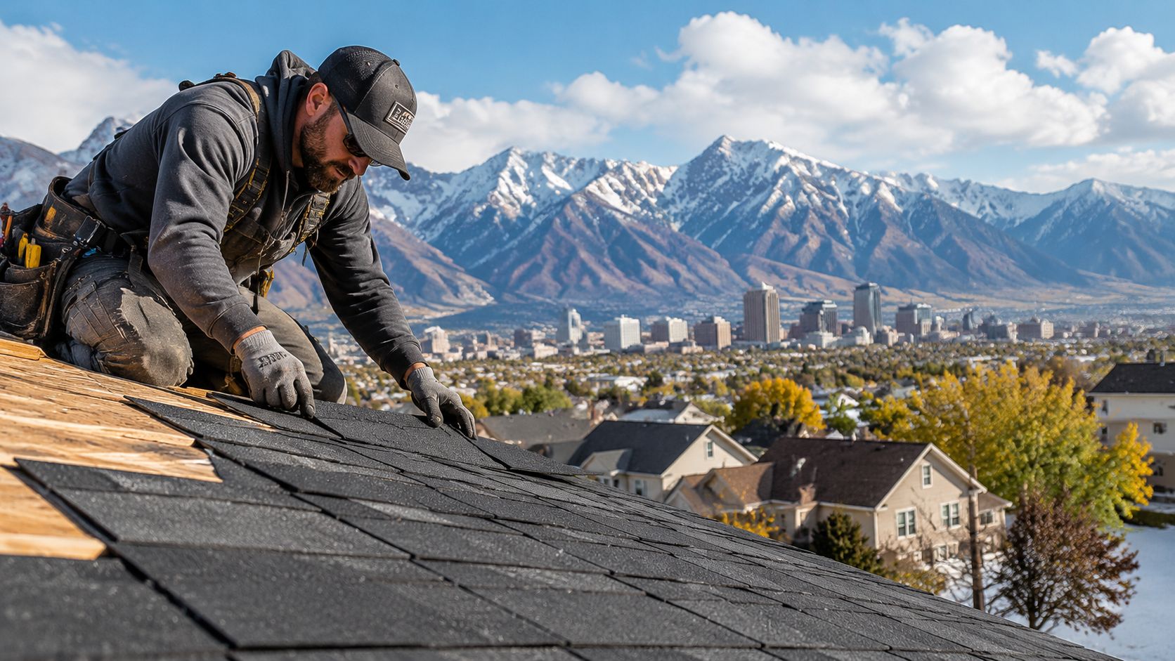 A professional roofer installing high wind resistant shingles on a house roof overlooking a snowy mountain city.