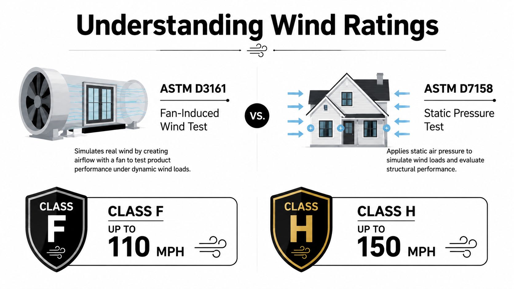 An infographic explaining ASTM D3161 and ASTM D7158 wind test standards for high wind resistant shingles.