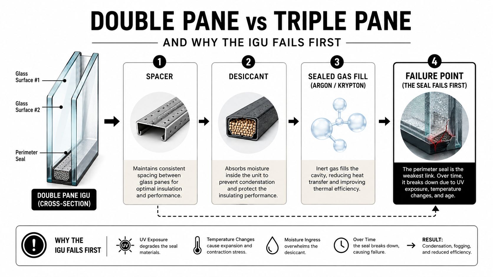 A diagram comparing double pane and triple pane glass windows and explaining why the seals fail.
