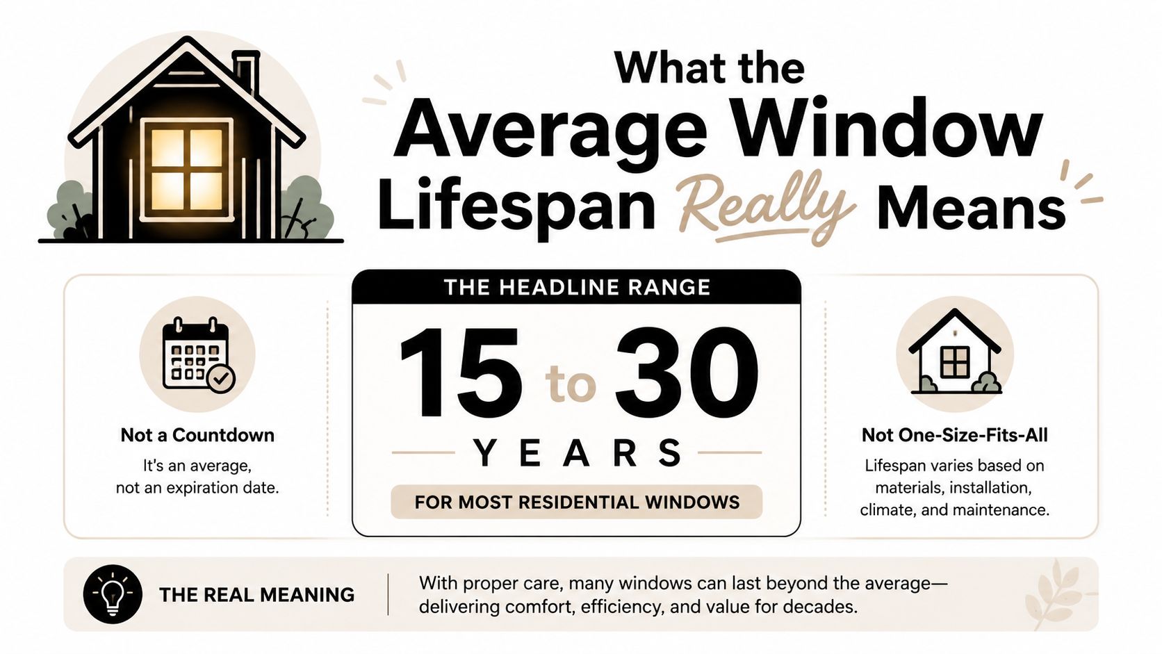 An infographic explaining that the average window lifespan of 15 to 30 years is just an estimate.
