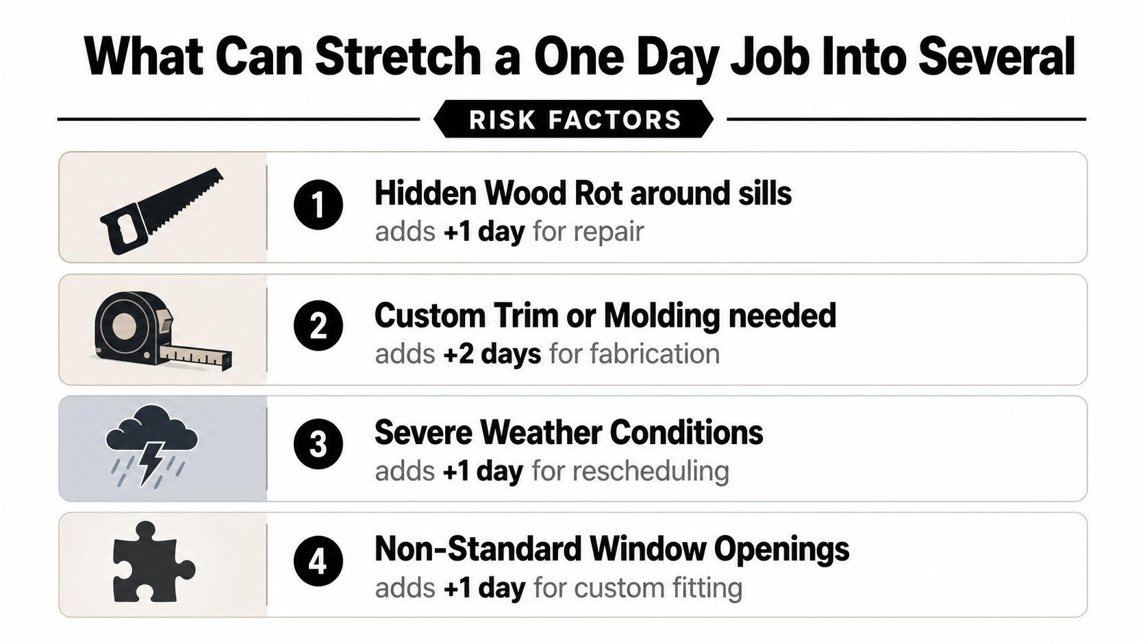 A list detailing four common risk factors that can cause window replacement projects to take longer than one day.
