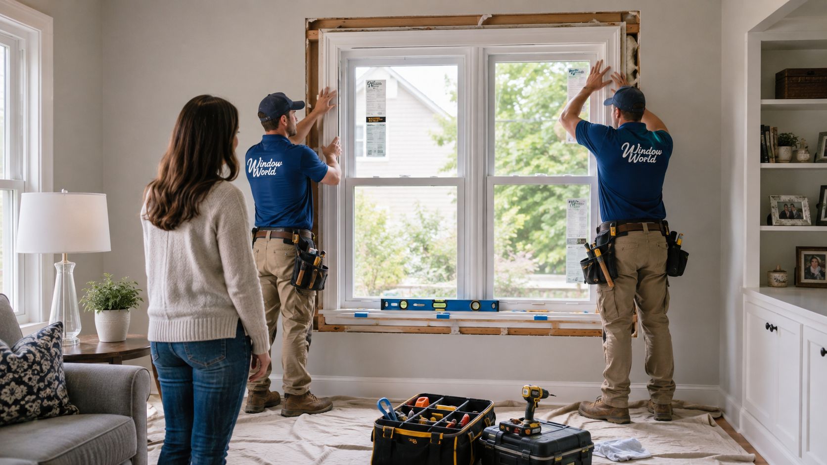 Two professional contractors in blue uniforms installing a new white double-hung window while a customer watches.