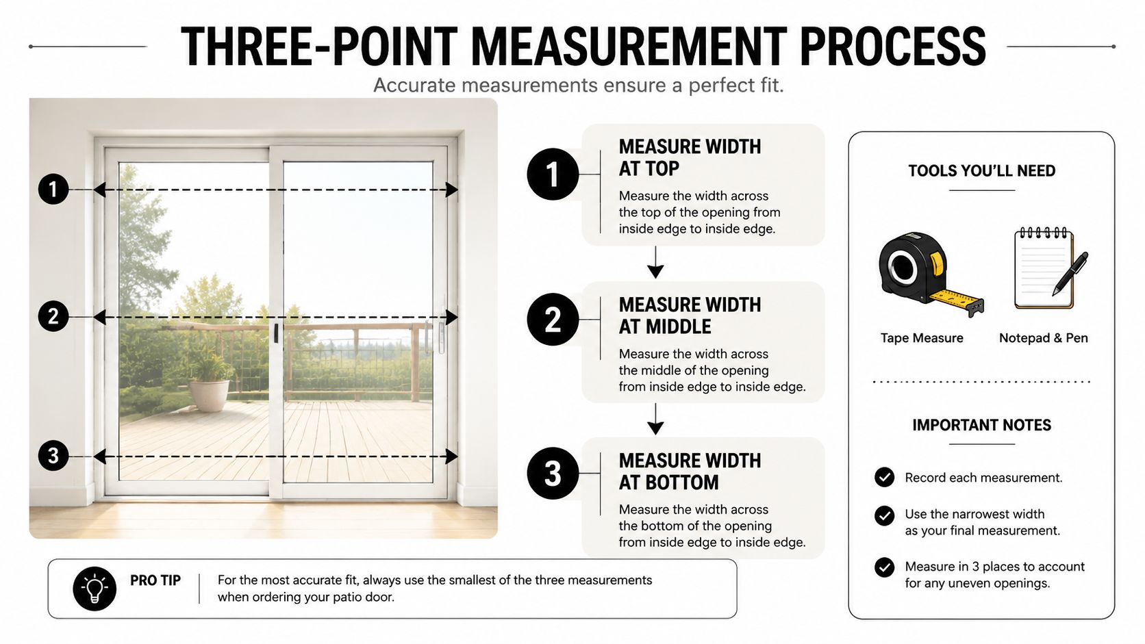 A diagram illustrating the three-point measurement process for accurately sizing a patio door opening for replacement.