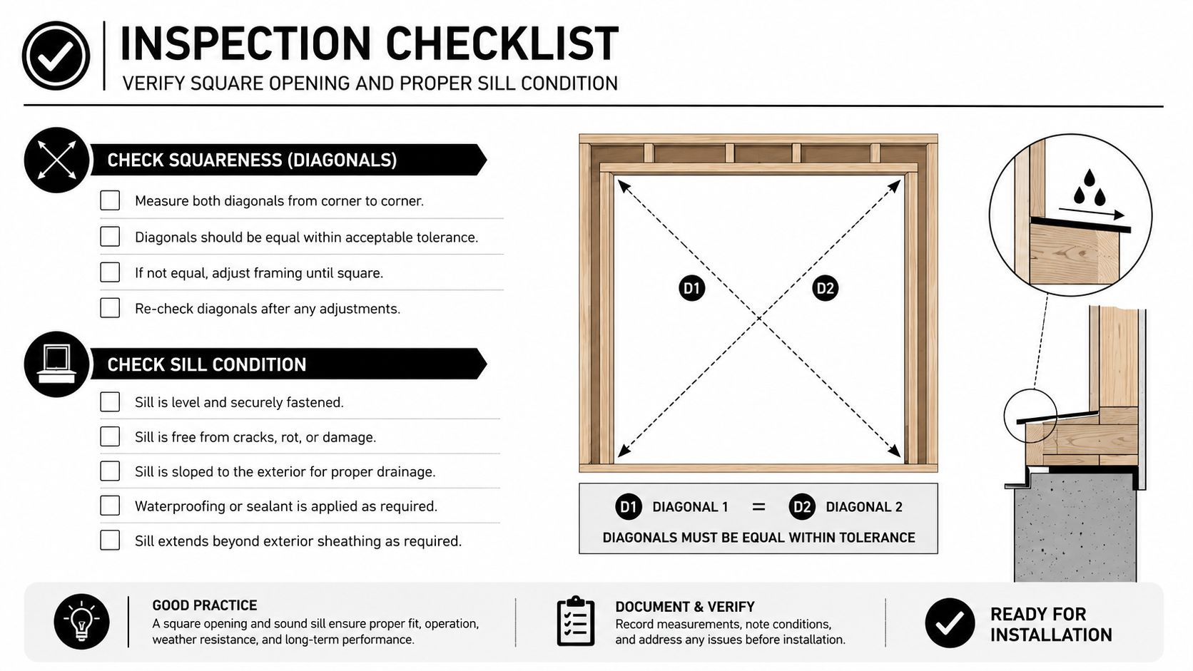 An inspection checklist for verifying a square window or door opening and proper sill condition before installation.