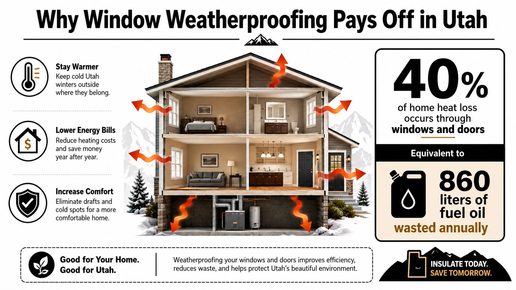 An infographic showing how window weatherproofing in Utah reduces heat loss and saves on energy costs.