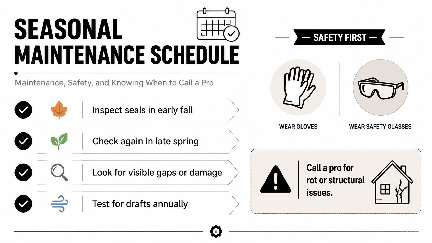 A seasonal maintenance schedule infographic providing safety tips and inspection guidelines for home window weatherproofing.