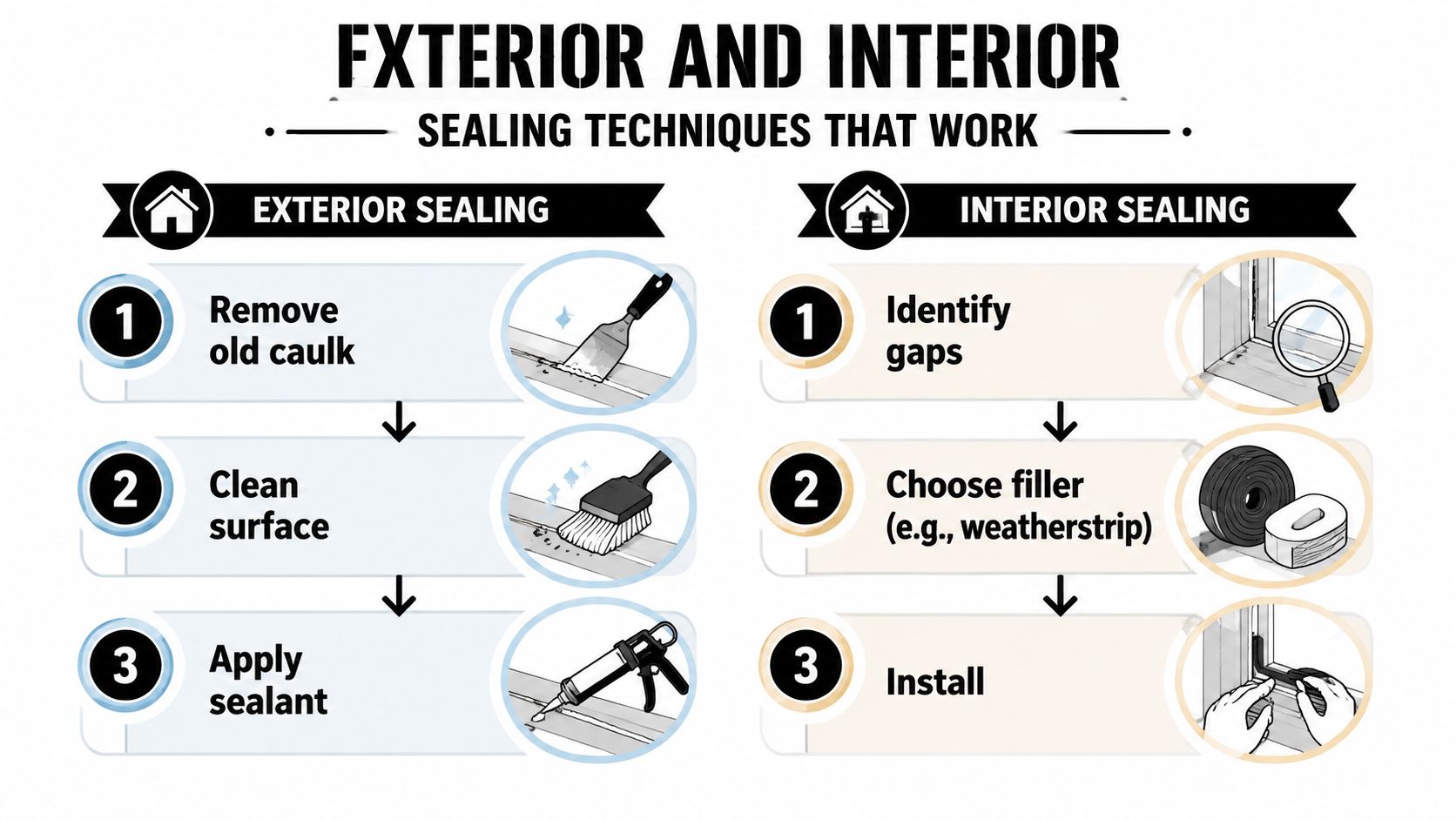 An infographic showing steps for exterior and interior window sealing to improve home insulation and weatherproofing.
