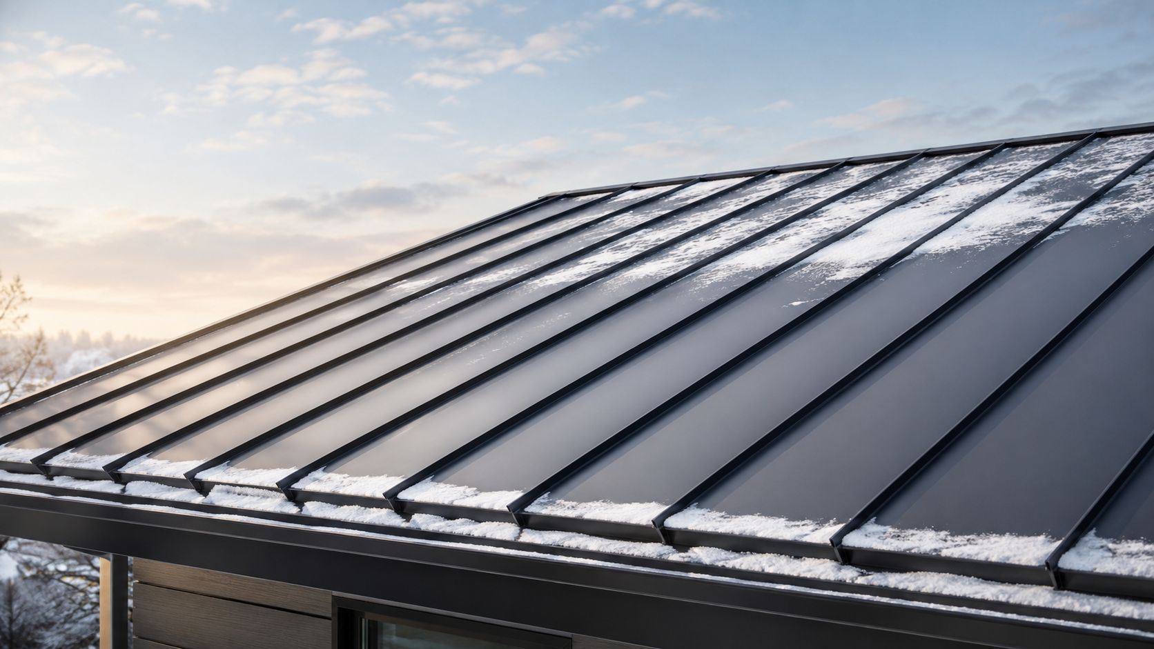 A close up view of a modern black metal roof with patches of melting snow in winter.