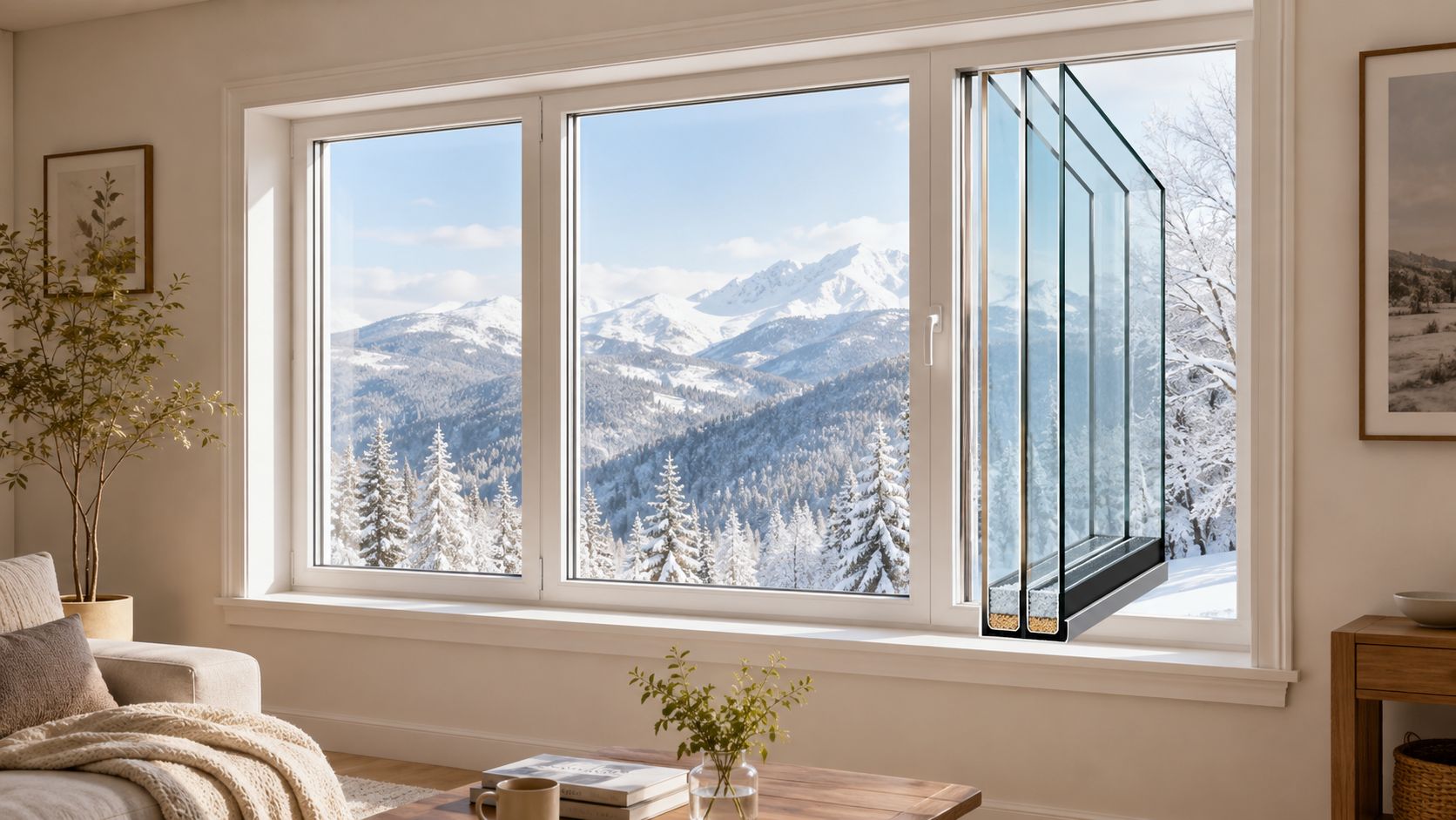 A modern window installation showcasing triple-pane glass technology overlooking a serene snow-covered mountain landscape during winter.