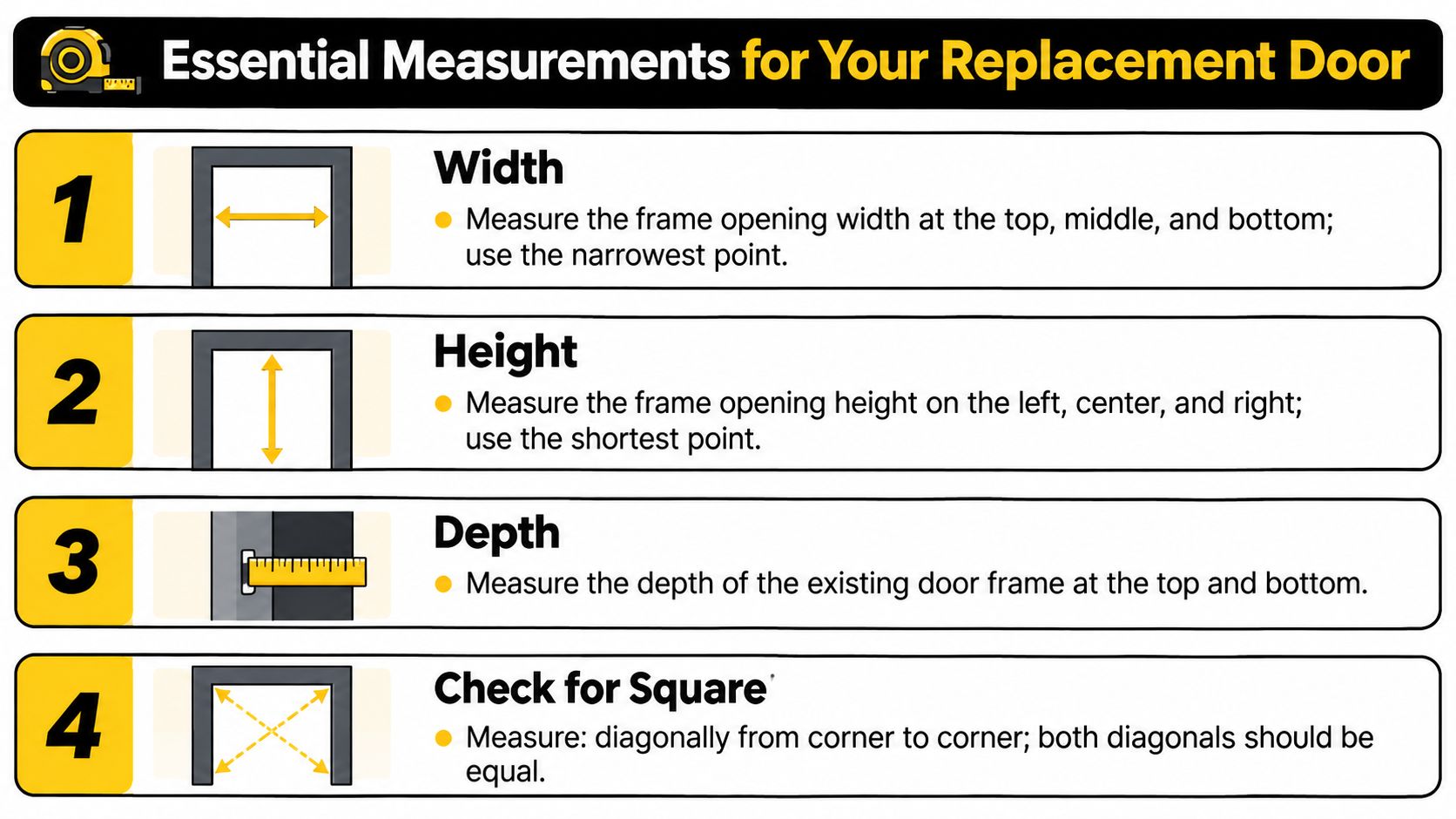 An infographic showing four steps to measure a door frame for a replacement door installation.