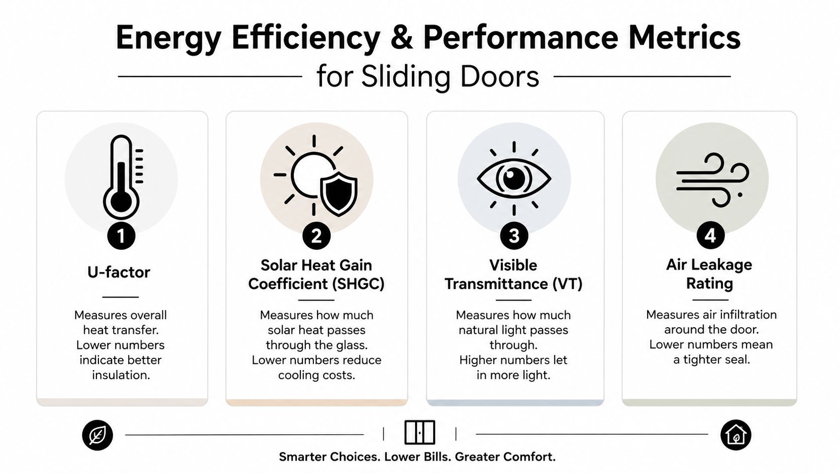 An infographic showing four key performance metrics for energy-efficient sliding glass doors including U-factor and SHGC.