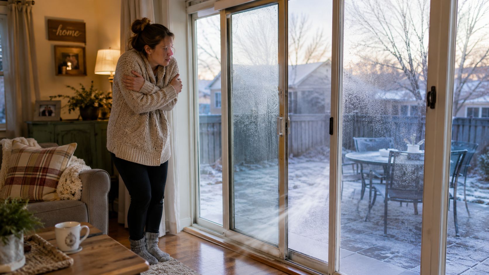 A woman wrapped in a warm cardigan shivering while looking at her cold frosted glass patio doors.