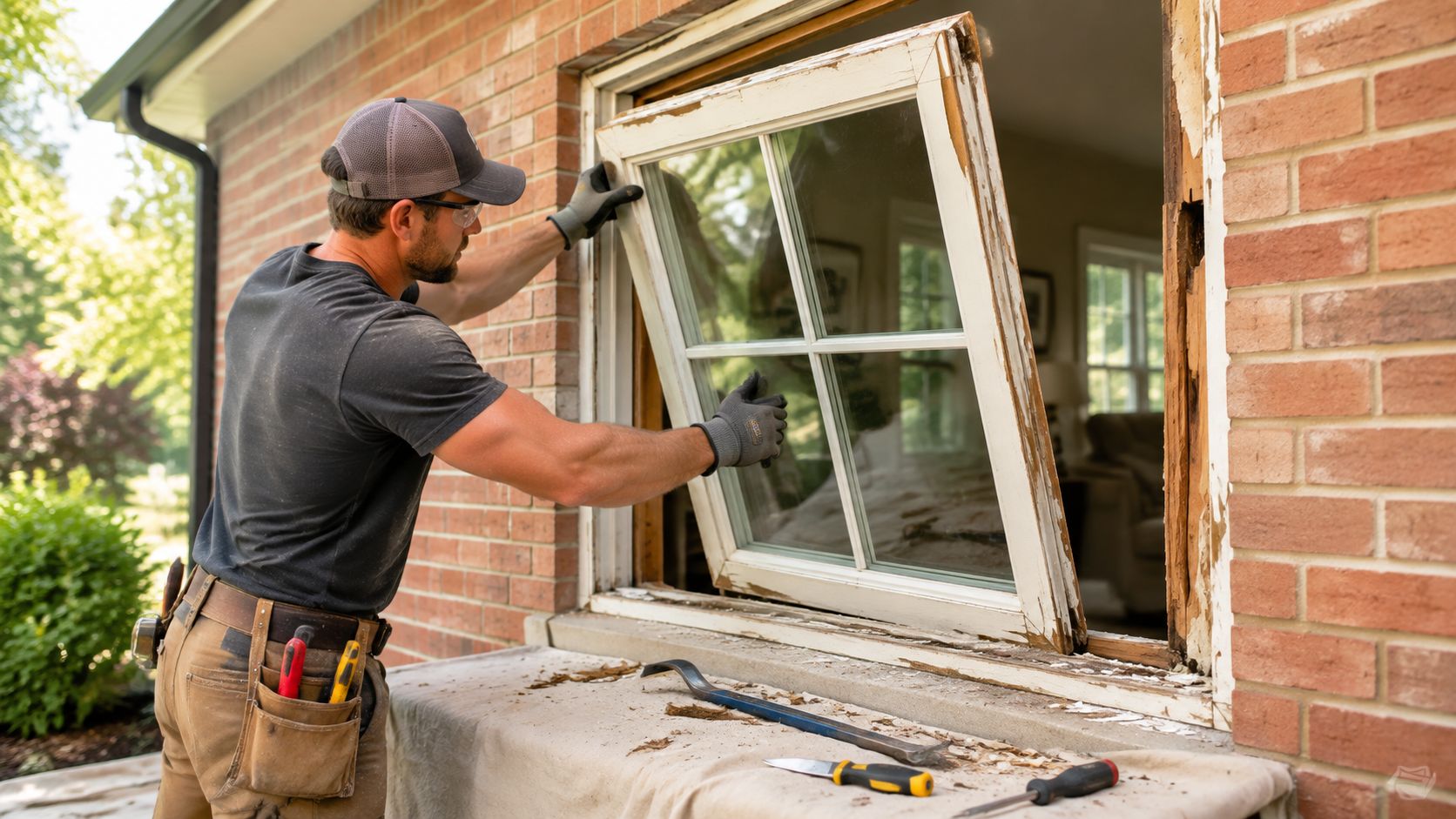 A construction worker wearing gloves is carefully installing or removing a window frame from a brick house.
